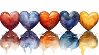 Watercolor hearts in red, blue, orange, navy and yellow with reflections on white surface, romantic art style for valentines cards and love concepts.