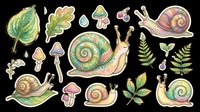 Colorful snail sticker set with mushrooms, leaves, and berries, isolated on transparent background. Great for clipart, t-shirt design, print on demand, and stickers.