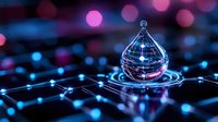 Glowing water drop on digital network surface with neon blue and pink bokeh lights creating futuristic technological atmosphere for tech backgrounds.