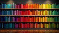 Colorful rainbow bookshelf with multicolored books arranged in spectrum order from blue to yellow and green on wooden shelves against dark wall. Perfect for education themes.