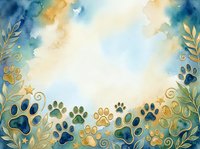 Watercolor paw prints and botanical leaves frame a soft, dreamy sky in warm gold and cool blue tones. Ideal for pet-related designs, greeting cards, and animal lover projects.