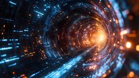 Futuristic digital tunnel with glowing blue data streams and orange energy core, abstract technology background representing digital transformation and cyberspace.