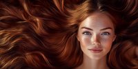 Young woman with flowing red hair, natural freckles and blue eyes smiling gently against dark background, beauty portrait showcasing natural features and hair movement.