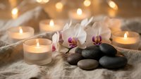 Spa wellness scene with white orchid flowers, smooth stones and glowing candles on soft towels creating peaceful relaxation atmosphere for massage therapy.