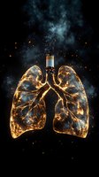 Glowing lungs with cigarette emitting smoke and sparks against dark background, symbolizing smoking health risks and respiratory damage for medical awareness campaigns.