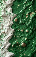 Abstract fluid art background with swirling green and white paint mixed with golden particles creating luxurious marble texture for cosmetic packaging design.