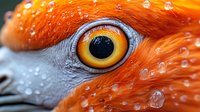 Extreme macro shot of orange and yellow parrot eye with water droplets on feathers showing detailed iris, pupil and intricate eye structure in vibrant colors.