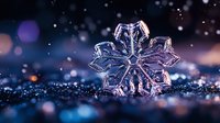 Macro photography of natural ice crystal snowflake with intricate patterns and details on dark background with bokeh lights and sparkles. Winter seasonal concept.