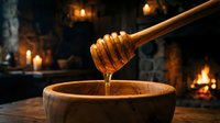 Golden honey dripping from wooden dipper into rustic bowl by warm fireplace creating cozy kitchen atmosphere for natural sweetness and cooking.