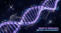 Glowing purple DNA double helix structure with sparkling particles on dark space background for genetic research and biotechnology advancement concepts.