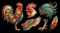 Colorful rooster clipart set with full body, head, wing, claw, and feathers, isolated on transparent background, ready for t-shirt design, stickers, and print on demand.