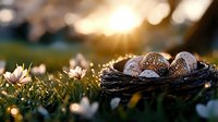 Bird eggs speckled with brown spots rest in natural nest at sunset with white spring flowers blooming in foreground grass, golden bokeh light effect.
