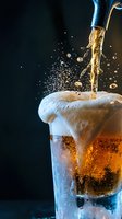Fresh beer pouring into frosted glass with foam overflow and splashing droplets on dark background for beverage advertising and bar promotions.