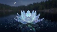 Magical lotus flower floating on dark water with glowing particles under moonlight creating mystical atmosphere for meditation and spiritual wellness designs.