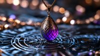 Mystical purple crystal pendant necklace with intricate metalwork design glowing against dark textured background with bokeh lights, creating magical atmosphere.