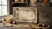 Vintage autumn greeting card with ornate floral border on rustic wooden background surrounded by fall leaves and acorns for seasonal design projects.