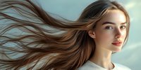 Young caucasian woman with flowing long brown hair against light background, wearing white top, natural makeup and serene expression. Wind blowing hair effect.