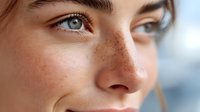 Close-up portrait of young Caucasian woman with natural freckles and blue eyes against soft blurred background, showcasing natural beauty.