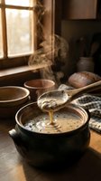 Wooden spoon dripping creamy soup into rustic black pot with steam rising, warm sunlight through window, traditional kitchen setting for cooking and food preparation.