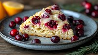 Fresh cranberry scone with orange glaze on rustic plate, garnished with raw berries and pine sprigs, close up view showing flaky texture and bright red fruit.