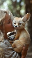 Young blonde woman gently kissing fennec fox with large ears while holding it in her arms, showing tender connection between human and wild animal on blurred background.