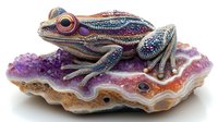 Decorative mosaic frog sculpture with intricate beadwork sitting on purple amethyst geode slice. Handcrafted amphibian art piece for home decor and collectors.