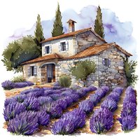 Watercolor illustration of a charming Provencal stone farmhouse with terracotta roof tiles surrounded by blooming purple lavender fields and cypress trees, perfect for travel or home decor designs.