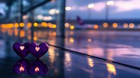 Two glowing purple heart-shaped candles with illuminated centers sit on a wet surface at dusk, with blurred city lights and reflections creating a romantic, atmospheric ambiance for Valentine's Day or love-themed designs.