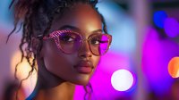 Young African American woman wearing stylish rhinestone glasses in neon lighting with bokeh effects, natural curly hair and glowing skin against vibrant purple and blue background.