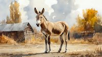 Gray donkey standing in autumn farmyard with rustic wooden barn and golden trees against cloudy sky, rural countryside scene in warm earthy tones.