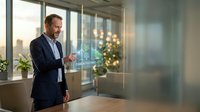 Professional businessman interacting with futuristic holographic interface displaying recycling symbols in modern office environment during daytime.