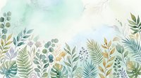 Watercolor botanical border with delicate ferns, eucalyptus, and wildflowers in soft greens, blues, and golds. Isolated design element for invitations, backgrounds, and decorative projects.