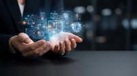 Businessman hands presenting glowing digital network icons and connectivity symbols for modern technology solutions and business innovation concepts.