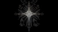 Ornate white line art cross with decorative flourishes and intricate details on black background, isolated design element for religious and spiritual projects.