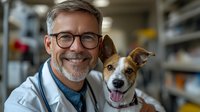 Smiling mature male veterinarian with glasses and white coat holding friendly Jack Russell terrier dog in veterinary clinic.