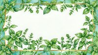 Watercolor herb border frame with fresh basil, mint, and parsley leaves arranged on cream background, isolated for design use on packaging, labels, and culinary projects.