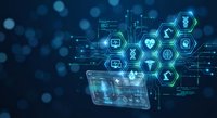 Digital healthcare technology concept with medical icons and data visualization on futuristic blue background for telemedicine applications.