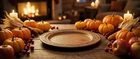 Empty plate surrounded by pumpkins, autumn leaves, and candles on wooden table. Thanksgiving dinner setup for seasonal holiday celebrations and fall decorations.
