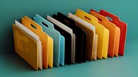Colorful file folders arranged in row showing organization system with tabs for office document storage and filing solutions.