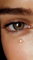 Close-up macro shot of green-brown eye with tear drop rolling down smooth skin, showing detailed eyelashes and defined eyebrow in warm lighting.