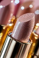 Sparkling rose gold lipstick with glitter texture close-up on blurred bokeh background, metallic silver tube holder, luxury cosmetic product photography.