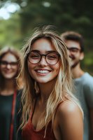 Young Caucasian woman with glasses and blonde hair smiling genuinely outdoors with friends in background. Natural lifestyle portrait capturing authentic joy and friendship.
