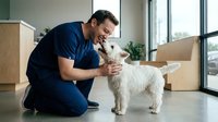 Male veterinarian in blue scrubs examining white fluffy dog in modern clinic interior with cardboard boxes and large windows, pet healthcare and animal care concept.