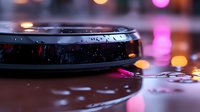 Wet black robotic vacuum cleaner with water drops and bokeh lights in background, close-up macro photography showing modern smart home technology.
