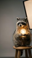 Cute raccoon sitting on wooden stool holding glowing light bulb in paws against gray background for creative concept and innovation themes.