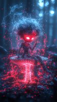 Mystical glowing creature emerging from magical sword with electric energy streams, red and blue particles against dark forest background. Fantasy concept art.