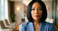 Middle-aged woman of African descent wearing professional blue blazer in modern office environment, suitable for corporate, business, and leadership concepts.