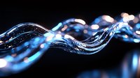 Luminous blue waves of light creating dynamic flowing pattern against dark background, abstract macro photography with bokeh effect and selective focus.