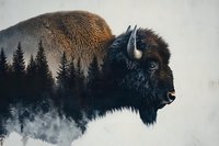 Majestic American bison profile merged with misty pine forest landscape in double exposure effect, showing wilderness and nature conservation concept.