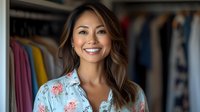 Young Asian woman with bright smile wearing floral blue blouse standing in front of wardrobe closet with colorful clothes, expressing joy and confidence in home setting.